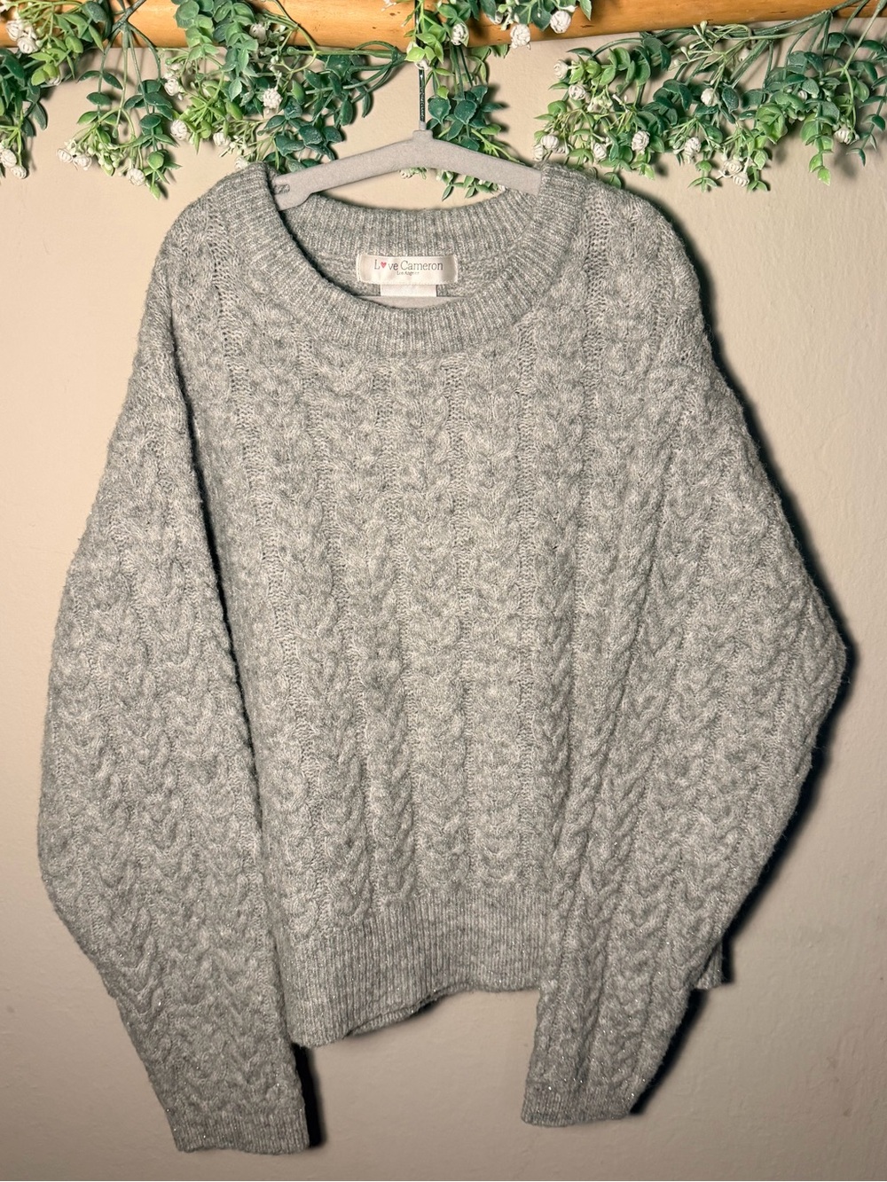 Love Cameron Shimmer Gray Cable Knit Sweater - size M